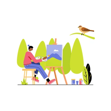 A sparrow curiously watching an artist painting a landscape in a park.