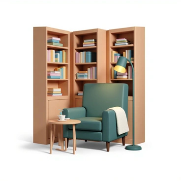 A cozy reading nook located in a library. There are tall wooden bookshelves filled with various colorful books on the walls surrounding the nook. In the center, there is a comfortable, plush armchair upholstered in deep green fabric. A round wooden side table stands next to the chair, holding a steaming cup of tea and a small stack of books. A soft, knitted blanket is draped over the arm of the chair. Warm, ambient lighting comes from a floor lamp positioned beside the chair, creating a welcoming atmosphere.