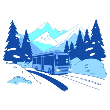 A blue bus is slowly making its way through a snowy mountain pass surrounded by tall, rugged mountains. The ground is covered in a thick layer of white snow, with gentle flurries falling from the overcast sky. The bus's headlights are illuminated, casting a soft glow on the snow-covered road ahead. Snow-laden trees line the sides of the pass, their branches heavy with white powder. In the distance, the peaks of the mountains are visible, capped with snow and partially shrouded in clouds. The scene conveys a sense of cautious progress through the winter landscape.