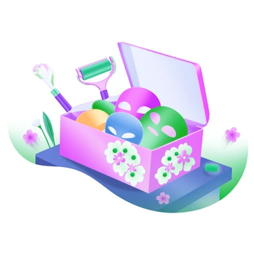 A charming box is positioned on a beauty counter, showcasing a range of colorful facial masks. Each mask is distinct, featuring vibrant hues such as pink, green, blue, and yellow, with playful patterns. The box is elegantly designed, with floral motifs, and is partially open to reveal the masks inside. Surrounding the box are small accessories like a jade roller and a few freshly cut flowers, enhancing the beauty aesthetic. The beauty counter has a smooth surface and is adorned with soft lighting, creating an inviting atmosphere.