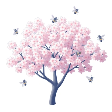 A blossoming cherry tree with abundant pink flowers in full bloom. Several honeybees are buzzing around the tree, their wings slightly blurred to indicate motion. The bees are collecting nectar from the flowers, with a few perched on the petals. The scene captures the vibrant activity of spring, emphasizing the delicate beauty of the flowers and the industrious nature of the bees.