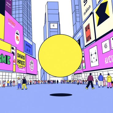 A brightly colored rubber ball is bouncing energetically across the pavement of Times Square. The ball appears to be in mid-air, surrounded by the vibrant lights of large electronic billboards. These billboards display various advertisements in vivid colors, including images and text. The busy streets are crowded with people walking, some looking up towards the illuminated signs. The scene captures the dynamic atmosphere of Times Square, with its bright light and energetic vibe.