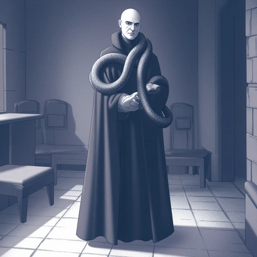 A tall figure, Voldemort, stands with an imposing presence. His pale skin contrasts sharply with the shadows in the dimly lit room. He has a bald head and slits for nostrils that give him a menacing appearance. Nagini, a large snake, is wrapped around his left arm, her scales glistening faintly in the low light. The snake's eyes are narrow and focused, indicating alertness. The background consists of dark stone walls and a floor that appears cold and damp, enhancing the foreboding atmosphere of the setting. There are faint silhouettes of old furniture, suggesting an abandoned or deteriorating space.