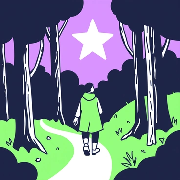 A bright star shines in the night sky, casting a luminous glow over a dense forest. Below, a traveler wearing a cloak is walking on a narrow, winding path, surrounded by tall trees with thick trunks and dark leaves. The traveler looks up towards the star, appearing hopeful and determined. The forest is filled with shadows, but the area around the traveler is illuminated by the star's light, creating a contrast between the dark surroundings and the bright spot. Small plants and underbrush can be seen along the path, adding to the texture of the forest floor.