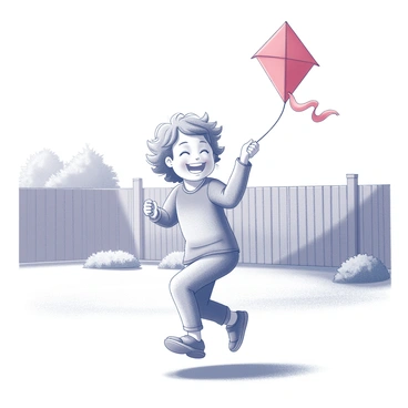 A child is running joyfully in a backyard. They are holding a bright red kite, which is aloft in the sky, its tail fluttering behind. The child has a big smile on their face, wearing comfortable play clothes and with tousled hair blowing in the breeze. The backyard is spacious, filled with green grass, and there are a few bushes and a wooden fence visible in the background. Sunlight casts shadows on the ground, contributing to the lively atmosphere of play.
