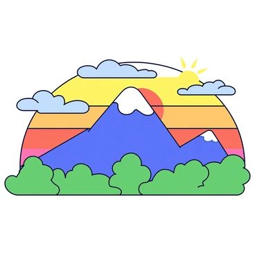 A tall mountain with a smooth, rounded peak is prominently featured in the foreground. The base of the mountain is covered in lush green trees. In the background, the sky is filled with vibrant colors, transitioning from deep orange at the horizon to soft yellow and light blue higher up. The sun is just peeking over the mountain peak, casting a warm glow across the landscape. Fluffy clouds are scattered across the sky, reflecting the colors of the sunrise. The overall composition captures the tranquility of the moment.