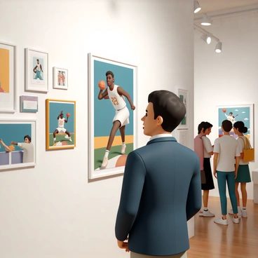 A man, wearing a stylish navy blue blazer over a white shirt, is standing in an art gallery. He has short black hair and a friendly smile as he admires a large painting depicting his basketball career, featuring vibrant colors and dynamic action poses. Around him, various pieces of artwork created by fans are displayed, showcasing different styles and techniques. The gallery walls are adorned with framed artworks, and guests in the background are mingling, discussing the pieces on display. The atmosphere is lively, filled with excitement and appreciation for the creativity on display.