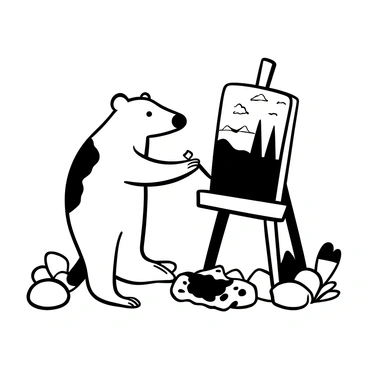 A wombat standing on its hind legs, holding a paintbrush with one paw, intently focused on a canvas on an easel. The canvas features a detailed landscape of rolling hills and trees. There are paint tubes scattered around the base of the easel, and a palette with various paint blobs rests beside the wombat. In the background, there are hints of natural elements like rocks and plants, creating an artistic outdoor setting.