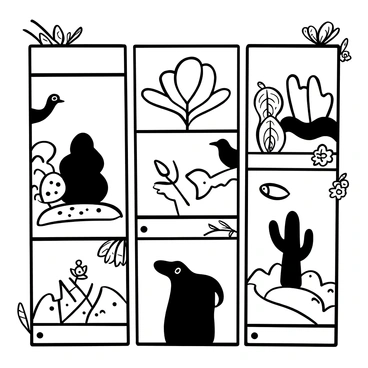 A gallery section divided into multiple panels, each featuring a distinct illustration related to "nature." One panel displays various types of "plants" including ferns, cacti, and flowering bushes. Another panel showcases different "animals" such as a deer standing gracefully among the trees, a bird perched on a branch, and a fish swimming in a stream. The overall layout is organized, with each panel clearly presenting its theme and surrounded by decorative elements like leaves and vines.