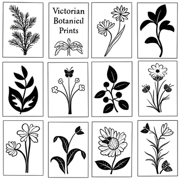 A collection of botanical prints arranged in a grid pattern, featuring various plants with detailed illustrations of moths resting on their leaves and petals. Each print displays unique flora, including ferns, flowers, and vines, with intricate textures and patterns. The moths are depicted in varying sizes and positions, with some perched delicately on the edges of the leaves and others in the midst of blooming flowers. The background of each print is textured to resemble old paper, emphasizing the Victorian aesthetic. The words "Victorian Botanical Prints" are elegantly written at the top of the collection.