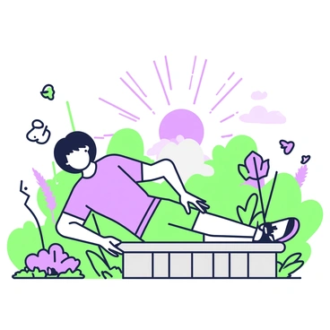 An early riser is positioned in a garden, performing dips on a sturdy wooden bench. The person is dressed in athletic attire, including a fitted t-shirt and shorts. The garden is filled with various plants and flowers, showcasing vibrant greens and purples. In the background, a sunrise casts soft light, illuminating the scene with gentle hues. The sky is transitioning from dark to light, with a few scattered clouds. There are butterflies fluttering nearby, enhancing the tranquil atmosphere of the garden.