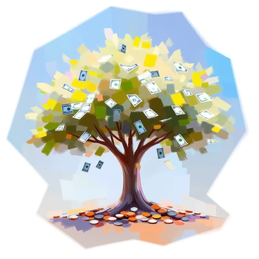 A large, sturdy tree stands prominently, with a thick trunk and an expansive canopy. Instead of traditional leaves, the branches are adorned with numerous bills and coins, creating a striking and unusual sight. The green dollar bills flutter like leaves in the breeze, while shiny coins dangle from the branches, catching glimmers of light. The ground beneath the tree is scattered with a mix of fallen coins and crumpled dollar bills, completing the scene. The sky above is a bright blue, contrasting with the greenery of the tree and the metallic shine of the money.