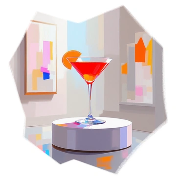 A negroni cocktail served in a sleek, crystal glass, resting elegantly on a polished pedestal. The cocktail features a vibrant red color, garnished with a twist of orange peel and a slice of orange on the rim. The pedestal is situated in a spacious modern art gallery, with abstract artworks displayed on the walls. Soft, diffused lighting highlights the drink as well as the surrounding art pieces, creating a contemporary ambiance. The floor is made of a smooth material, reflecting some of the light and colors from the cocktail.