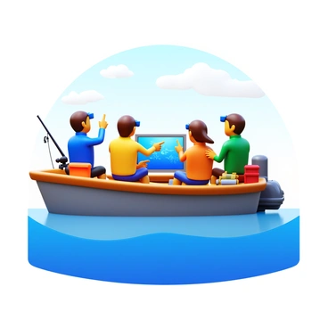 A group of anglers sitting on a boat, all wearing "3D glasses." They are focused on a screen in front of them, showing an "educational video about marine life." The boat is gently rocking on the water, with fishing equipment and tackle boxes scattered around. The scene captures the anglers' interest as they point towards the screen, discussing what they see. The ocean is calm, with a clear sky above and hints of marine life visible in the water below.