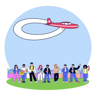An airplane is soaring through the sky, performing an impressive stunt with a spiraling maneuver. The aircraft has a bright red body with white stripes, creating a striking contrast against the blue sky. Below, a diverse group of spectators stands on a green field, watching the performance with expressions of awe. Some spectators hold cameras, capturing the moment, while others point towards the airplane. Colorful banners and flags are visible in the background, adding to the festive atmosphere of the airshow.