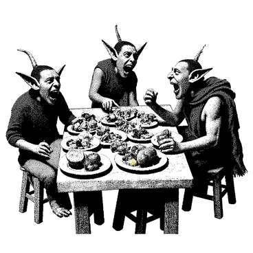 A group of goblins is gathered around a large wooden table, enthusiastically enjoying a feast. There are three goblins, each with distinct features: one with long ears, another with a prominent nose, and the third with a mischievous grin. They are seated on rough wooden stools, their hands eagerly reaching for the food. 

The table is filled with large plates overflowing with odd-shaped fruits, such as twisted melons and spiky berries, alongside various cuts of meats that have uneven edges. The goblins' expressions are joyful, with wide eyes and open mouths as they share stories and laughter. In the background, there are crumpled napkins and spilled drinks, adding to the lively atmosphere of the feast.