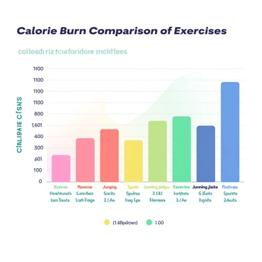 A chart is displayed on a white background, prominently featuring various exercises along the vertical axis, including "Reverse Lunges," "Jumping Jacks," "Squats," and "Push-Ups." Each exercise has a corresponding bar in vibrant colors representing the calorie burn rate, with "Reverse Lunges" depicted in a bright blue. The horizontal axis is labeled with calorie burn amounts, showcasing distinct increments. At the top, the title reads "Calorie Burn Comparison of Exercises," enclosed in quotation marks. There are subtle grid lines across the chart to enhance readability, and a legend on the side identifies the colors used for each exercise.