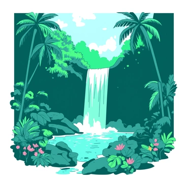 A teal tropical rainforest filled with tall green trees reaching towards the sky. The forest is dense with vibrant foliage and shadows created by the thick canopy. In the center, there is a magnificent white waterfall cascading down rocky cliffs, creating a mist that rises into the air. The water splashes into a small turquoise pool below, surrounded by lush green plants and colorful tropical flowers. Sunlight filters through the trees, creating a play of light and shadow throughout the scene.