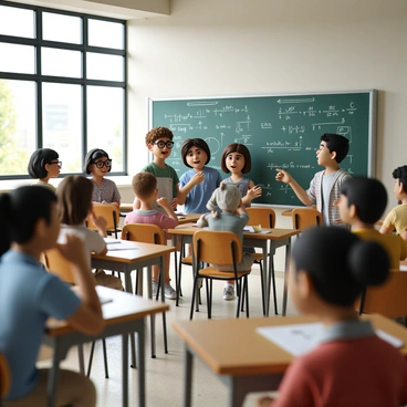A lively classroom filled with students of diverse backgrounds actively engaged in discussion. A group of three students stands in front of a blackboard covered with complex mathematical formulas and diagrams. One student, a girl with curly hair wearing glasses, points at the blackboard with a pencil. Another student, a boy with short hair in a blue shirt, leans in closely, listening intently. The third student, a girl with straight hair tied back in a ponytail, gestures animatedly while explaining a concept. Desks are scattered throughout the room, with books and notebooks open, and the atmosphere is dynamic and focused. Natural light streams through large windows, illuminating the enthusiasm in the students' expressions.