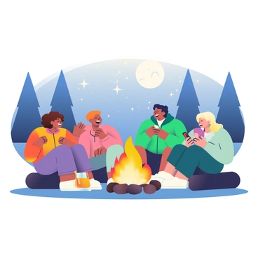 A group of four friends is gathered around a bright campfire at night, with flames dancing and casting a warm glow on their faces. They are sitting on logs arranged in a semicircle. One friend, with curly brown hair, is holding a skewer with a marshmallow over the fire, while another friend, with short black hair, is animatedly telling a story, gesturing with excitement. The third friend, wearing a green hoodie, is laughing and leaning forward, and the fourth friend, who has long blonde hair, is taking a photo of the moment with a smartphone. The night sky above is filled with stars, and the surrounding trees are silhouetted against the moonlight. A small cooler is placed nearby, adding to the camping atmosphere.