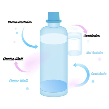 A detailed diagram illustrating a thermos flask. The thermos flask is represented in a cross-sectional view, showcasing its double-wall construction. The outer layer is labeled "Outer Wall" and is designed to reflect heat. The space between the walls is labeled "Vacuum Insulation," indicating the absence of air to prevent heat transfer. The inner layer is labeled "Inner Wall," which holds the liquid inside. Arrows are used to show heat energy transfer, with some arrows pointing back to the inner wall to indicate heat reflection. Additional labels highlight "Heat Radiation" and "Conduction" to explain the mechanisms of heat conservation. The overall color scheme features gradient pastel colors to enhance visual understanding.