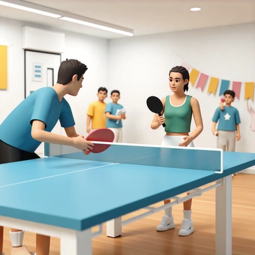 Two players, a man and a woman, are intensely focused on a table tennis match. The man is wearing a blue t-shirt and black shorts, wielding a red paddle with determination. The woman is dressed in a green tank top and white shorts, holding a black paddle, ready to return the serve. The bright table is a vibrant blue, reflecting the enthusiasm of the game. In the background, there are colorful banners and spectators cheering, adding to the lively atmosphere of the room. The floor is polished wood, and light from overhead fixtures creates a dynamic setting for the match.