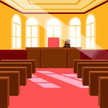 An empty courtroom with sunlight streaming through large windows