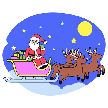 Santa Claus wearing a red and white outfit sits joyfully in a decorated sleigh. The sleigh is filled with colorful wrapped gifts. A team of eight reindeer, each with brown fur and antlers, pulls the sleigh through the night sky. The starry backdrop is filled with twinkling stars and a bright moon casting a soft glow over the scene.