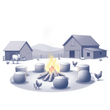 A rustic farm setting with a large bonfire at its center. The bonfire is surrounded by several round hay bales stacked in a casual arrangement. Nearby, different farm animals are present, including a cow and a few chickens, wandering around the area. The background features a wooden barn and a fence, adding to the rural atmosphere. In the distance, rolling hills can be seen, accentuating the serene farm landscape.