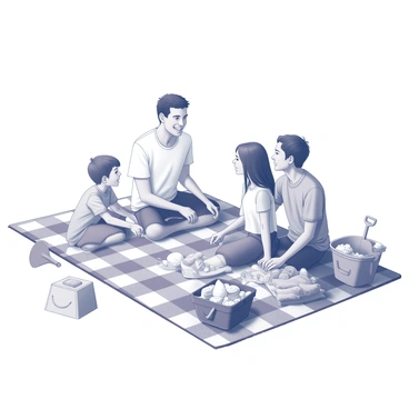 A family sits together on a large checkered blanket spread out on the grass. There are multiple picnic baskets filled with various snacks, such as sandwiches and fruits, placed around them. Beach toys, including a brightly colored bucket and spade, are scattered nearby. The family members are engaged in cheerful conversation, with children laughing and playing in the background. The scene captures a joyful outdoor gathering.