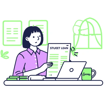 A recent graduate is sitting at a desk, examining a student loan billing statement. The graduate has medium-length hair and is wearing a smart-casual outfit consisting of a button-up shirt and tailored pants. The expression on their face shows determination as they study the document. On the desk, there is a laptop open beside the billing statement, along with a green notebook and a green pen. A coffee mug with "Success" written on it sits to the side. In the background, a wall is adorned with certificates and a small plant is placed on the windowsill.