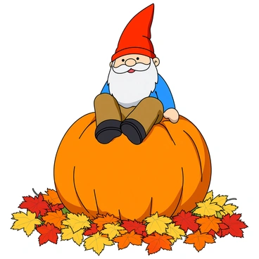 A cheerful garden gnome with a bright red hat and a white beard is sitting comfortably on top of a large, orange pumpkin. The gnome is wearing a blue shirt and brown pants, with tiny black shoes. Surrounding the gnome and the pumpkin is a vibrant field of various autumn leaves in shades of red, yellow, and orange. The leaves are scattered on the ground, creating a colorful carpet beneath the gnome. The sunlight casts soft shadows, adding a warm glow to the scene.