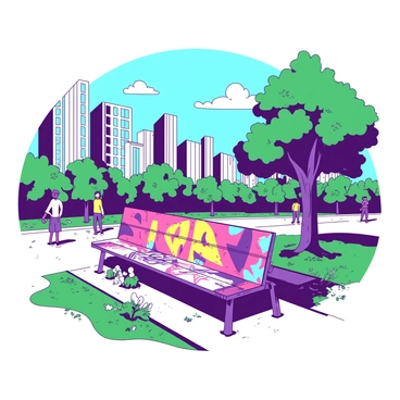 A colorful graffiti-covered bench in an urban park setting