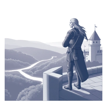 A witcher standing on a castle balcony, surveying the vast kingdom below