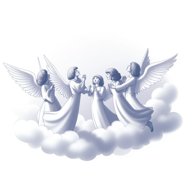 A group of angels is depicted in a formation, with their arms raised as they sing together. Each angel has delicate wings, intricately detailed, appearing to shimmer against the backdrop of soft, billowing clouds. The angels are wearing flowing garments that contribute to their graceful presence as they hover among the clouds. The sky around them is expansive, with a gentle blend of light and shadow, creating a sense of depth and space.