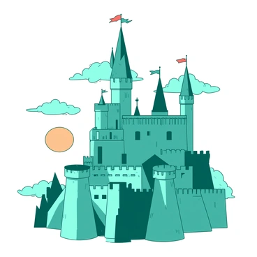 A teal majestic castle with tall spires rises prominently against a backdrop of a white sky filled with clouds at sunset. The castle features intricate details on its spires, and colorful flags flutter at the top. The clouds are soft and fluffy, casting gentle shadows on the castle's stone exterior. The overall scene captures the enchanting essence of a fairy tale.