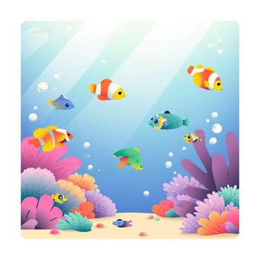A vibrant coral reef is filled with various marine life swimming around. There are numerous colorful fish, including yellow tangs, clownfish with orange and white stripes, and a blue parrotfish. The coral is depicted in shades of pink, purple, and orange, with intricate textures. A few sea turtles are gliding gracefully through the water, and a school of small fish is swimming in sync, creating a dynamic scene. Bubbles are rising from the ocean floor where there are patches of sand and scattered seashells. Sunlight filters through the water, creating a beautiful play of light on the reef.
