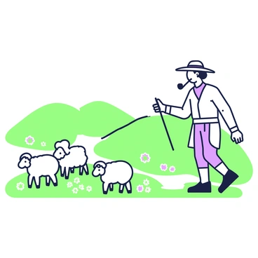 A vintage shepherd is standing on a gentle hillside, wearing a wide-brimmed hat and traditional clothing. He has a pipe in his mouth, and a calm expression on his face as he gently guides a flock of sheep. The flock consists of several fluffy sheep scattered across the landscape, moving along the grassy terrain. In the background, rolling hills create a sense of depth, with patches of grass and flowers dotting the scene. The sky above is clear, providing a perfect backdrop for this pastoral moment.