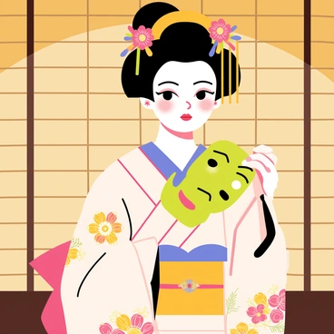 A geisha with a traditional kimono, adorned with vibrant floral patterns and intricate details, is holding a hannya mask delicately in her hands. Her hair is styled in an elaborate updo, decorated with colorful kanzashi hairpins. The geisha's face is painted with subtle makeup, highlighting her features in preparation for a performance. The background includes a wooden stage with soft lighting, enhancing the focus on her graceful posture and the expressive mask.