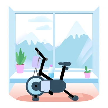 An exercise bike positioned in front of a window with a breathtaking mountain view