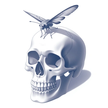 A human skull positioned upright, showcasing intricate details in the bone structure. At the center of the forehead, a lifelike death's-head hawkmoth is perched, its wings spread wide, revealing fine textures and patterns. The moth's large eyes and distinctive skull-like markings on its thorax create a striking contrast against the smooth surface of the skull. Shadows accentuate the contours of both the skull and the moth, enhancing their features in a monochrome setting.
