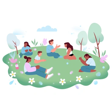 A group of people of diverse backgrounds are gathered in a meadow. The individuals are engaged in various activities, such as conversing, playing games, and enjoying the sunshine. They are wearing colorful clothing that reflects their different cultures. Surrounding them are wildflowers in bloom, adding vibrant splashes of color to the green grass. A few trees can be seen in the background, completing the peaceful atmosphere of the scene.