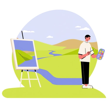 A painter standing on a grassy hill, intently focused on a large canvas set on an easel. The painter has a palette filled with vibrant colors in one hand and a brush in the other. In the background, a vast and lonely landscape stretches out, featuring rolling hills under a clear blue sky. A few fluffy white clouds float gently above, and a winding river snakes through the scene. The painter's canvas displays a partially completed painting that mirrors the natural beauty of the landscape, with rich greens and soft browns.