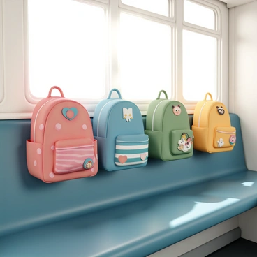 A row of colorful backpacks in bright hues of red, blue, green, and yellow is neatly lined up on a school bus seat. Each backpack has distinctive designs, such as polka dots, stripes, and cartoon characters, showcasing the individuality of their owners. Sunlight streams through the bus window, casting light on the backpacks, while the textured fabric of each bag is visible, emphasizing their vibrant colors. The seat underneath is a classic dark blue vinyl, providing a striking contrast to the colorful backpacks resting on it.
