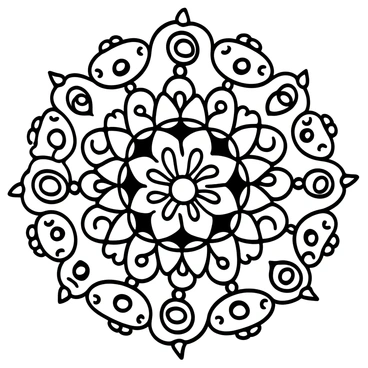 A detailed mandala featuring intricate symmetrical patterns created in line art. The mandala has multiple layers of geometric shapes, including circles, triangles, and floral designs radiating from the center. Each segment of the mandala is filled with varying line thicknesses, creating a sense of depth and complexity. The outer edges are adorned with repeating motifs that enhance the overall symmetry, while the center displays a captivating star-like shape surrounded by delicate swirls and curves, emphasizing the harmonious balance of the design.