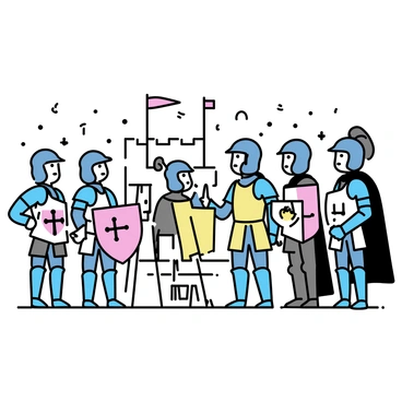 A group of knights in shining metal armor stands in a semi-circle, readying themselves for a tournament. Each knight is equipped with distinct weapons, such as swords and shields, showcasing various emblems and designs on their armor. The background features a large castle, with flags fluttering in the breeze. The sky is clear, indicating a bright day for the tournament. The knights wear helmets that reflect the sunlight, highlighting their serious expressions. In the center, a knight is adjusting his gauntlet, while others are discussing strategies. The scene is set on a 10x15 illustration board format.