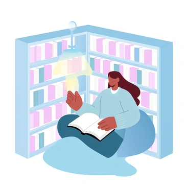 A petite girl is sitting in a cozy library corner, nestled between tall stacks of books. She is wearing a knitted sweater that drapes comfortably over her shoulders. A large book lies open on her lap, and she is holding a cup of steaming tea beside her. The warm glow of a nearby lamp illuminates the surrounding shelves filled with colorful book spines. A cozy blanket is draped over her legs, adding to the inviting atmosphere of the scene. The overall lighting creates a soft, welcoming ambiance in the library corner.