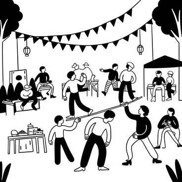 An outdoor scene depicting a Philippine fiesta filled with vibrant black and white banners strung between trees. Groups of people are engaged in the traditional tinikling dance, skillfully navigating between two bamboo poles being clapped together in rhythm. Some dancers are wearing traditional attire, while others are in casual festive clothing. There are tables set up with various food items and decorations, and a festive atmosphere is suggested by the movement of dancers. Decorative elements like lanterns can be seen hanging above the crowd, enhancing the celebratory feel.