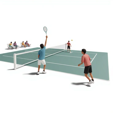 A high school tennis match in action on a well-maintained outdoor court. A player, wearing a blue sports shirt, white shorts, and white tennis shoes, is in the middle of a serve, holding a tennis racket high above their head. Another player, dressed in a red sports shirt, black shorts, and matching tennis shoes, is ready to receive the serve, positioned on the opposite side of the net. The net is taut and dividing the court. In the background, several spectators are sitting on bleachers, closely watching the match, with some leaning forward in anticipation. The sun is shining bright, casting clear shadows on the court.