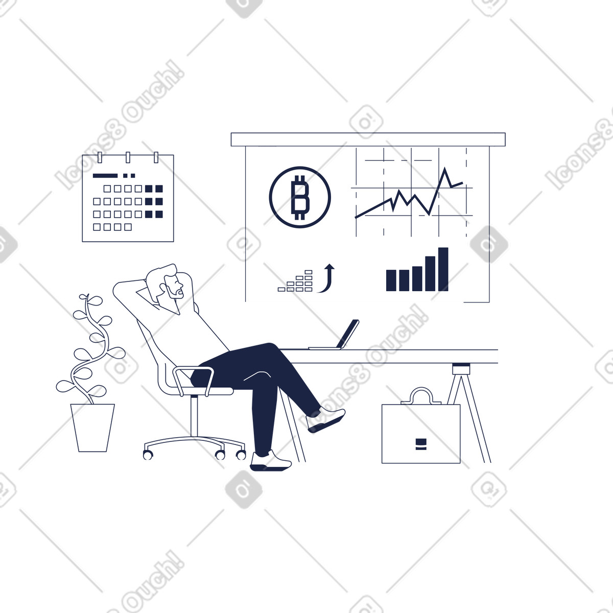 Office worker viewing bitcoin growth chart, Crypto investment results review animated illustration in Urban Line style download in GIF, Lottie (JSON), AE